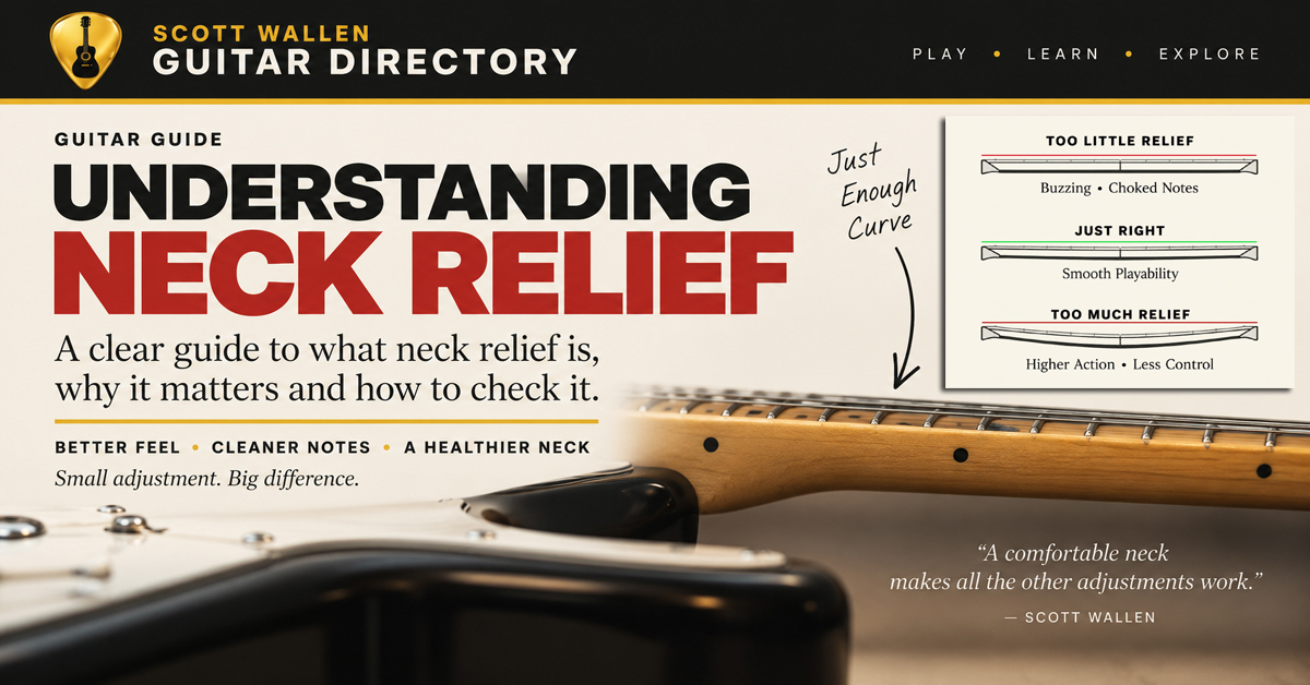 Guitar neck relief guide comparing too little relief, appropriate relief and too much relief